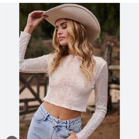 12th Tribe Tops - Cropped Sequin White Long Sleeve Top